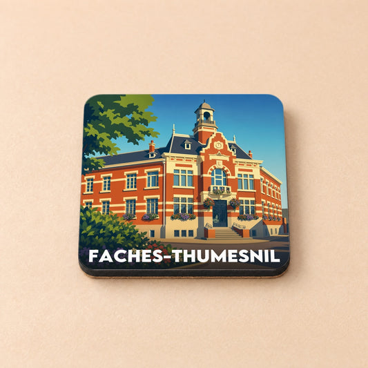 Dessous de verre souvenir de la ville de Faches-Thumesnil avec une illustration stylisée de l'hôtel de ville.