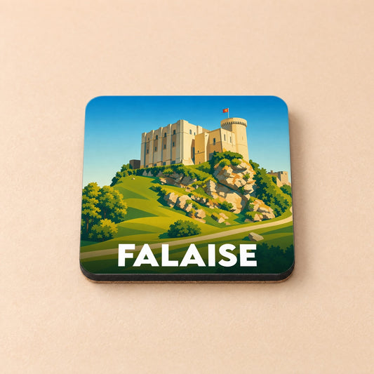 Dessous de verre souvenir de la ville de Falaise avec une illustration stylisée de son château médiéval.