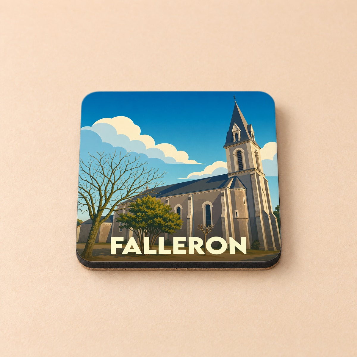 Dessous de verre souvenir de la ville de Falleron avec une illustration stylisée d'une église.