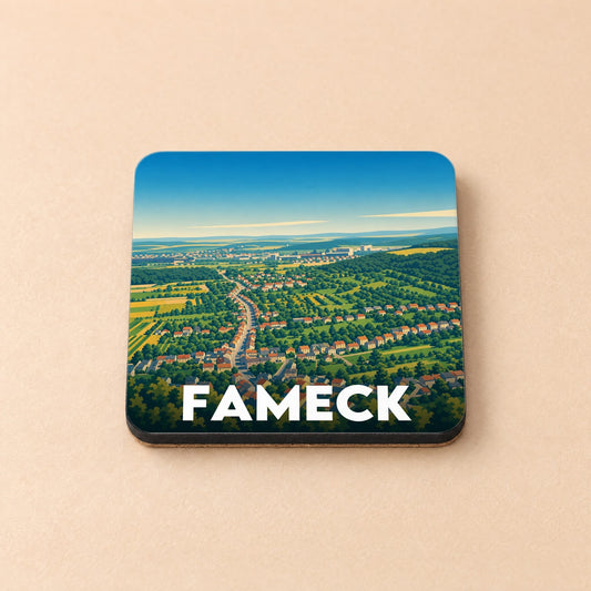 Dessous de verre souvenir de la ville de Fameck avec une illustration paysagère stylisée.