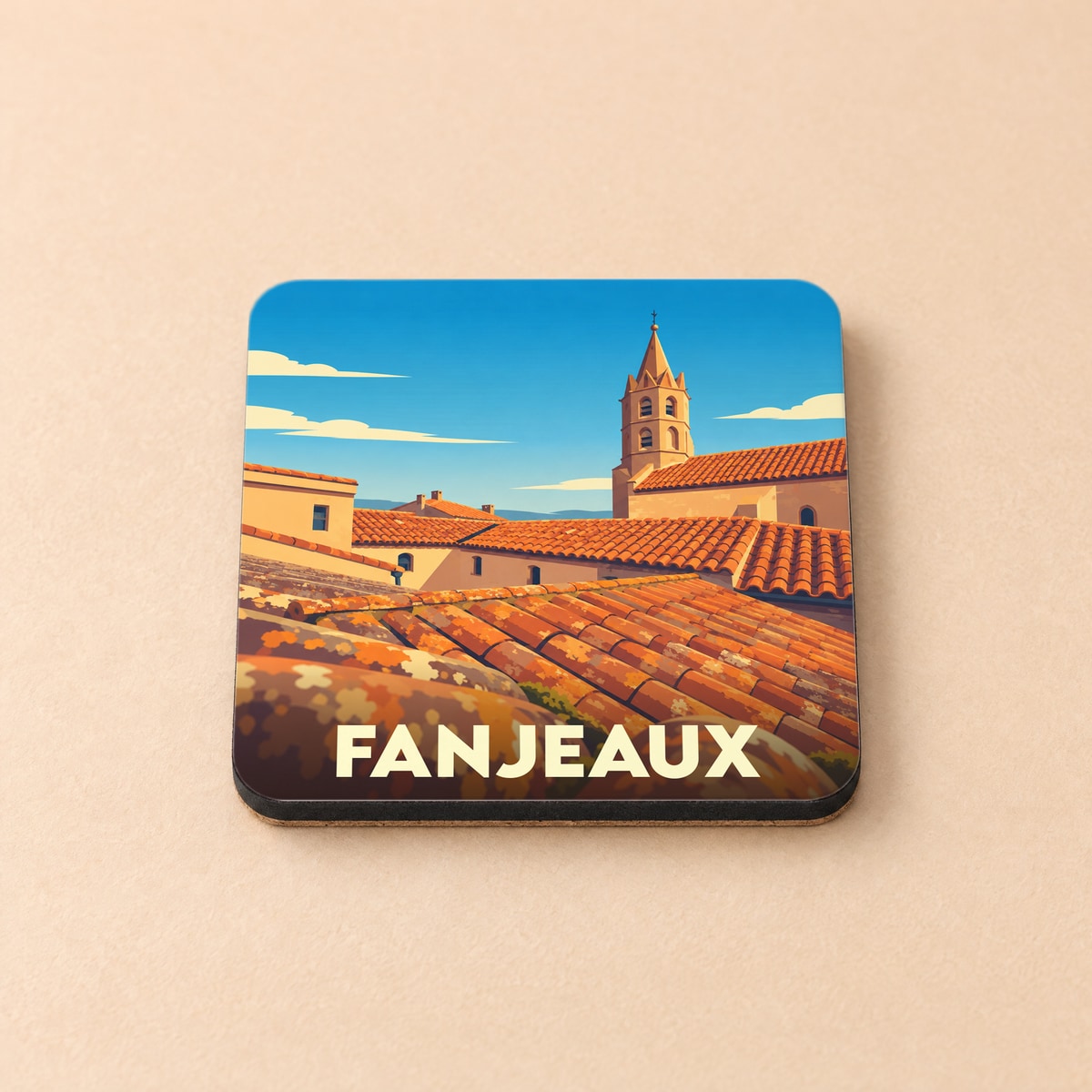 Dessous de verre souvenir de la ville de Fanjeaux avec une illustration stylisée de ses toits et de son église.