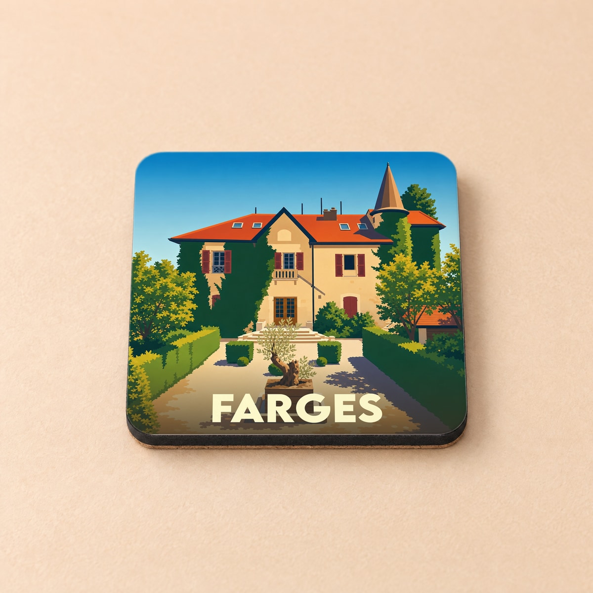 Dessous de verre souvenir de la ville de Farges orné d'une illustration stylisée d'une villa de caractère.