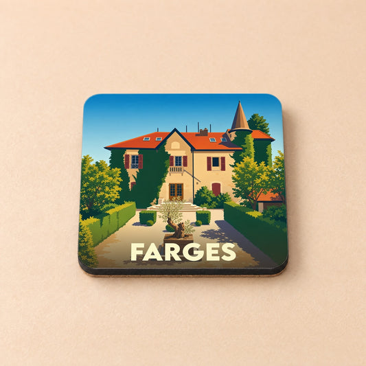 Dessous de verre souvenir de la ville de Farges orné d'une illustration stylisée d'une villa de caractère.