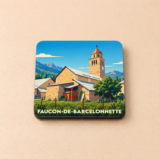 Dessous de verre souvenir de la ville de Faucon-de-Barcelonnette avec une illustration stylisée de son église et des montagnes.