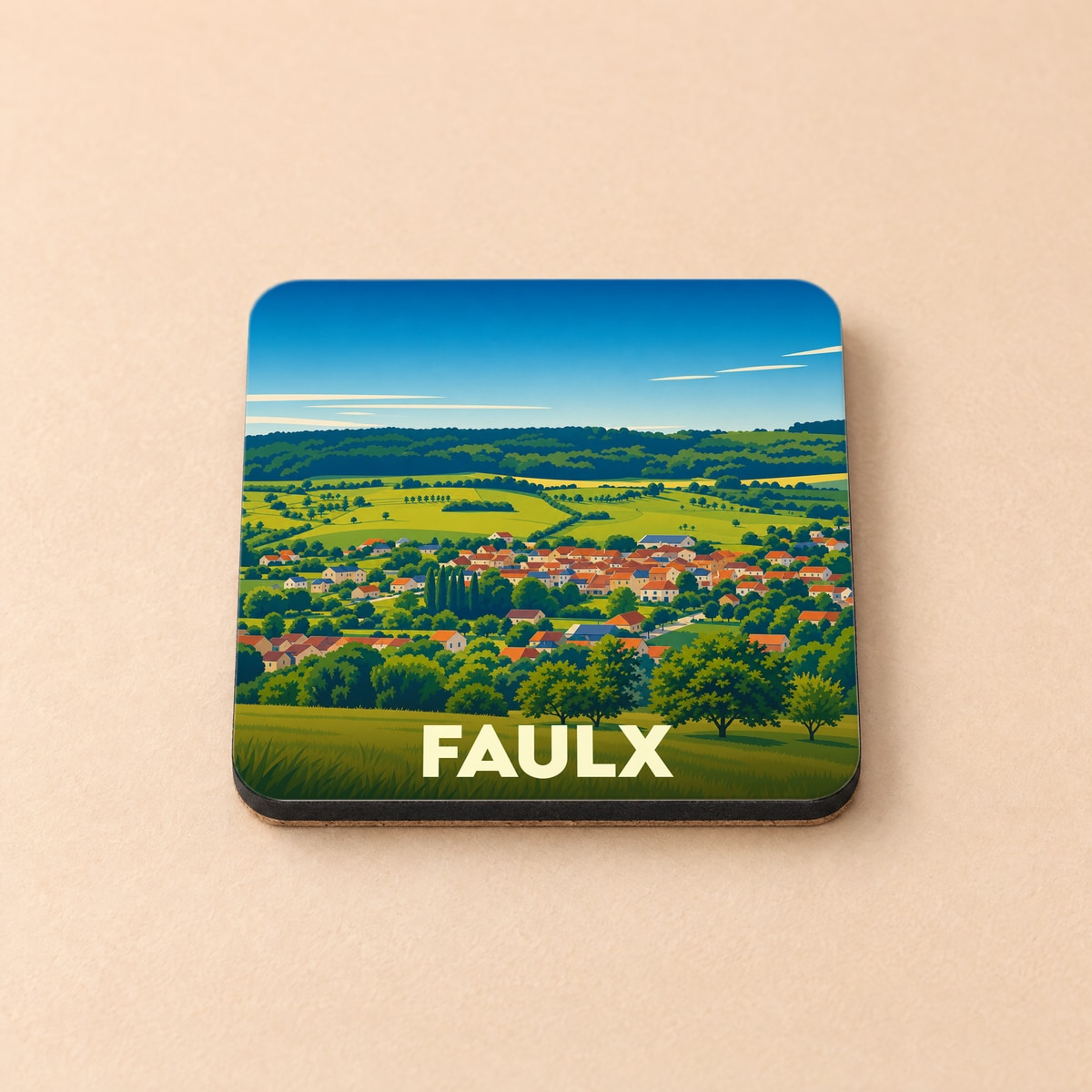 Dessous de verre souvenir de la ville de Faulx avec une illustration stylisée d'un paysage de campagne.