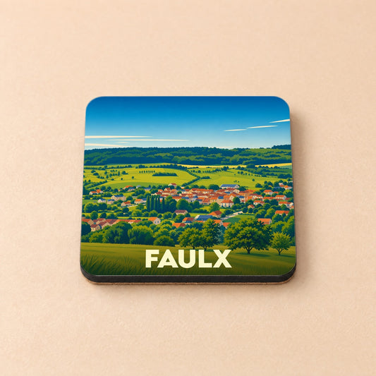 Dessous de verre souvenir de la ville de Faulx avec une illustration stylisée d'un paysage de campagne.