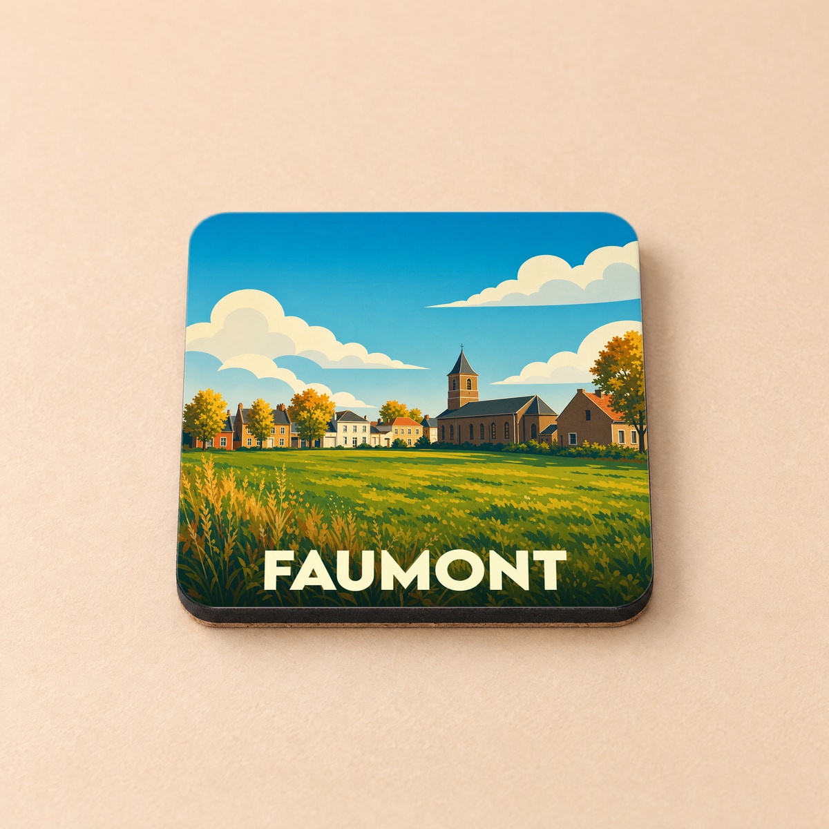 Dessous de verre souvenir de la ville de Faumont avec une illustration stylisée d'un paysage rural.