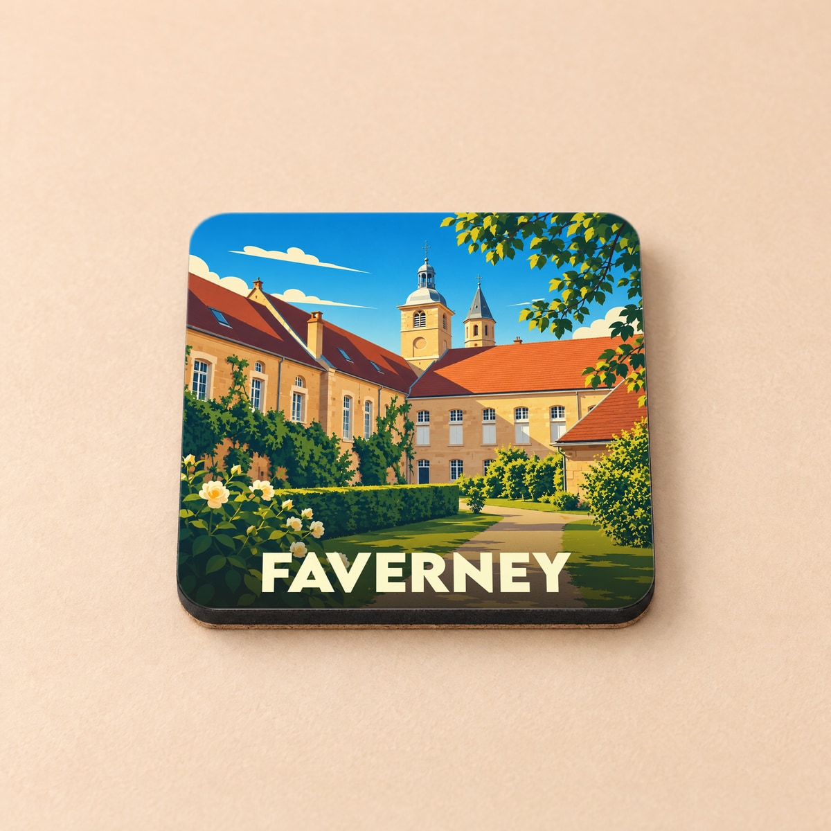 Dessous de verre souvenir de la ville de Faverney avec une illustration stylisée de son abbaye.