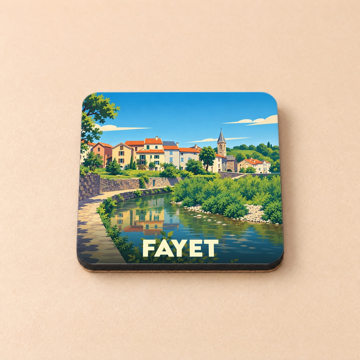 Dessous de verre souvenir de la ville de Fayet illustré par un paysage de village au bord de l'eau.