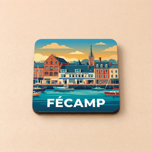 Dessous de verre souvenir de la ville de Fécamp avec une illustration stylisée de son port.