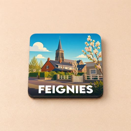 Dessous de verre souvenir de la ville de Feignies avec une illustration stylisée d'une église et d'un cerisier en fleurs.