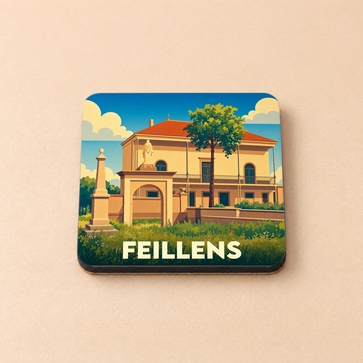 Dessous de verre souvenir de la ville de Feillens avec une illustration stylisée.