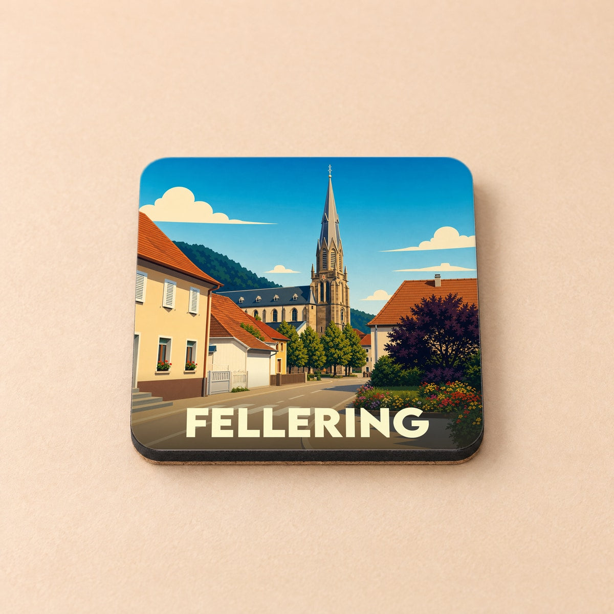 Dessous de verre souvenir de la ville de Fellering avec une illustration stylisée.