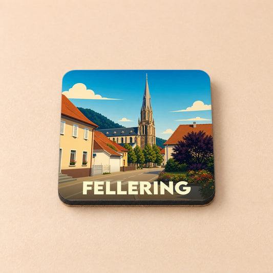 Dessous de verre souvenir de la ville de Fellering avec une illustration stylisée.