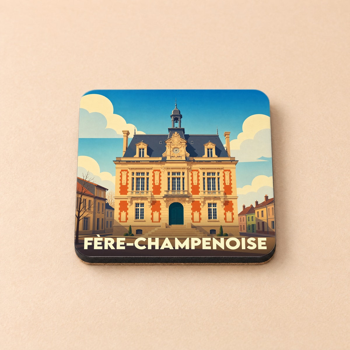 Dessous de verre souvenir de la ville de Fère-Champenoise avec une illustration stylisée de son hôtel de ville.