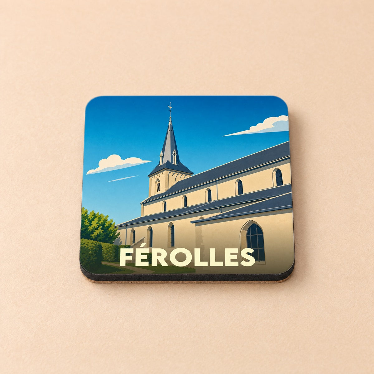 Dessous de verre souvenir de la ville de Férolles avec une illustration stylisée de son église.