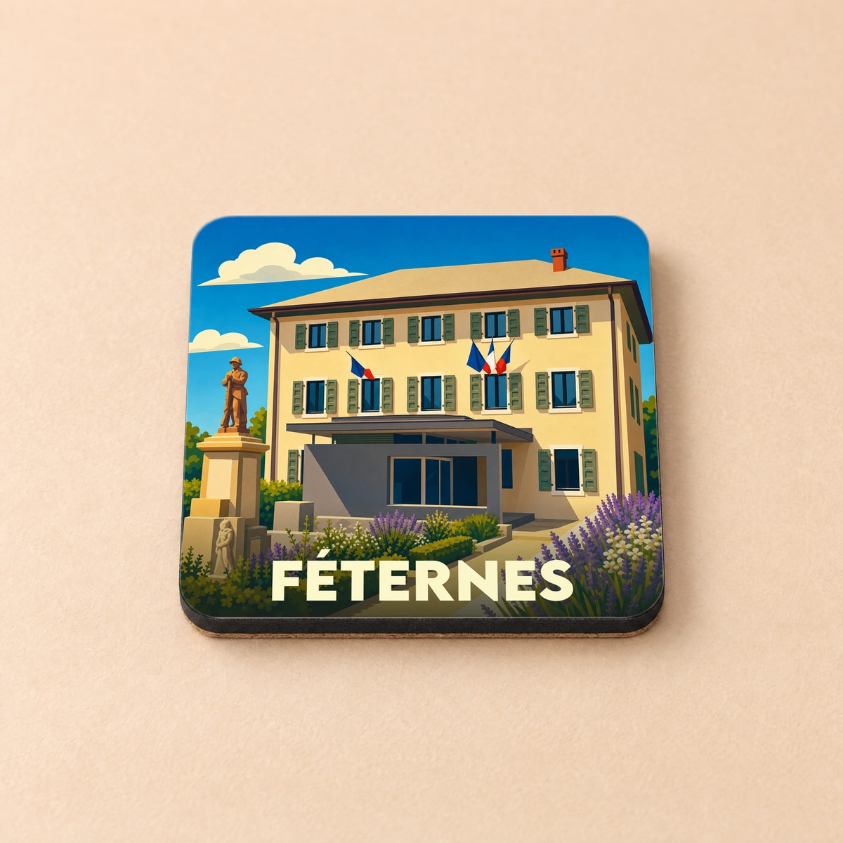 Dessous de verre souvenir de la ville de Féternes avec une illustration stylisée de sa mairie.