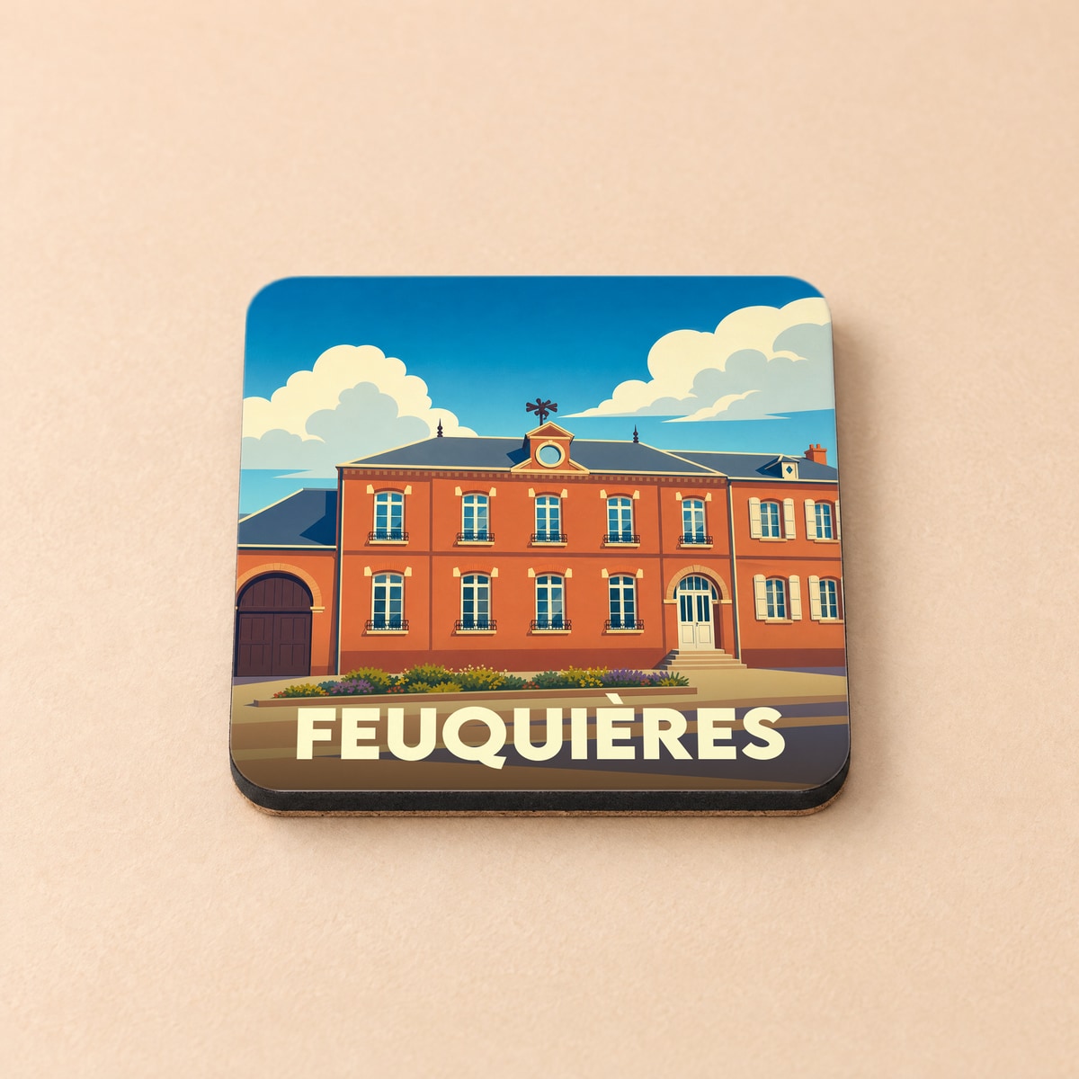 Dessous de verre souvenir de la ville de Feuquières avec une illustration stylisée d'un bâtiment en briques.