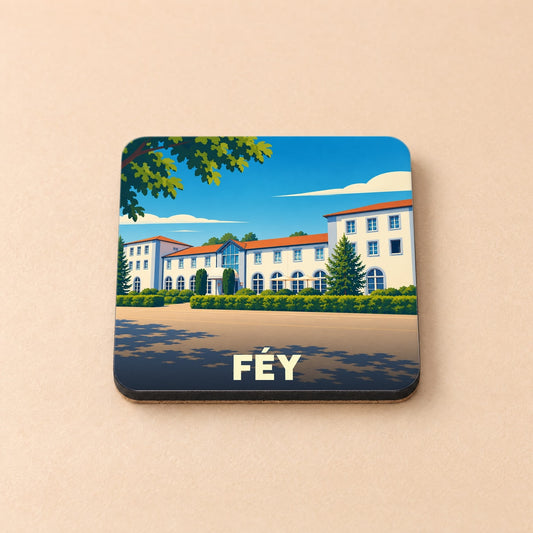 Dessous de verre souvenir de la ville de Féy avec une illustration stylisée.
