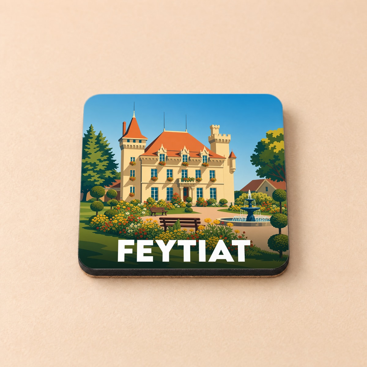 Dessous de verre souvenir de la ville de Feytiat avec une illustration stylisée d'un château et de son jardin fleuri.