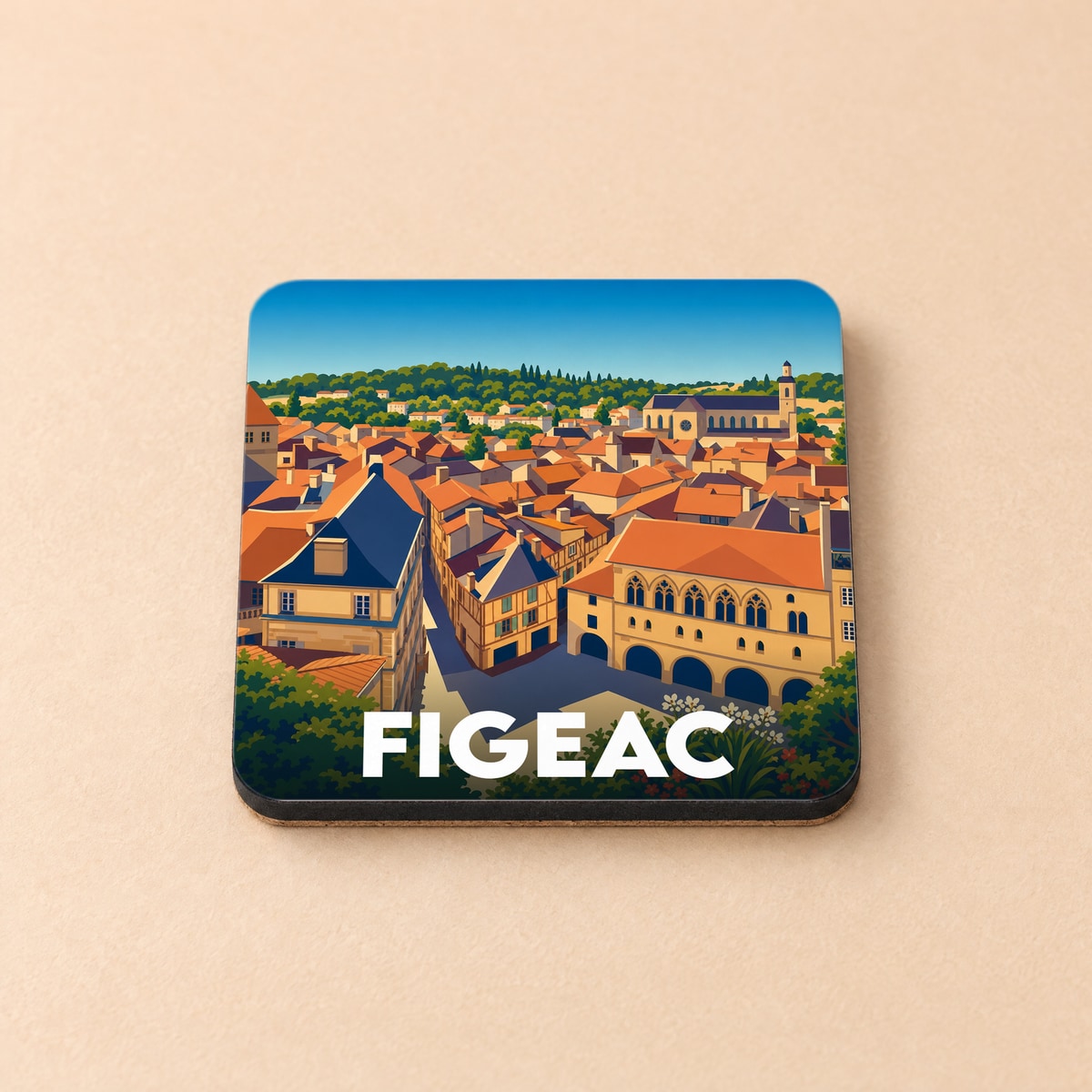 Dessous de verre souvenir de la ville de Figeac présentant une illustration stylisée de ses toits et de son architecture médiévale.