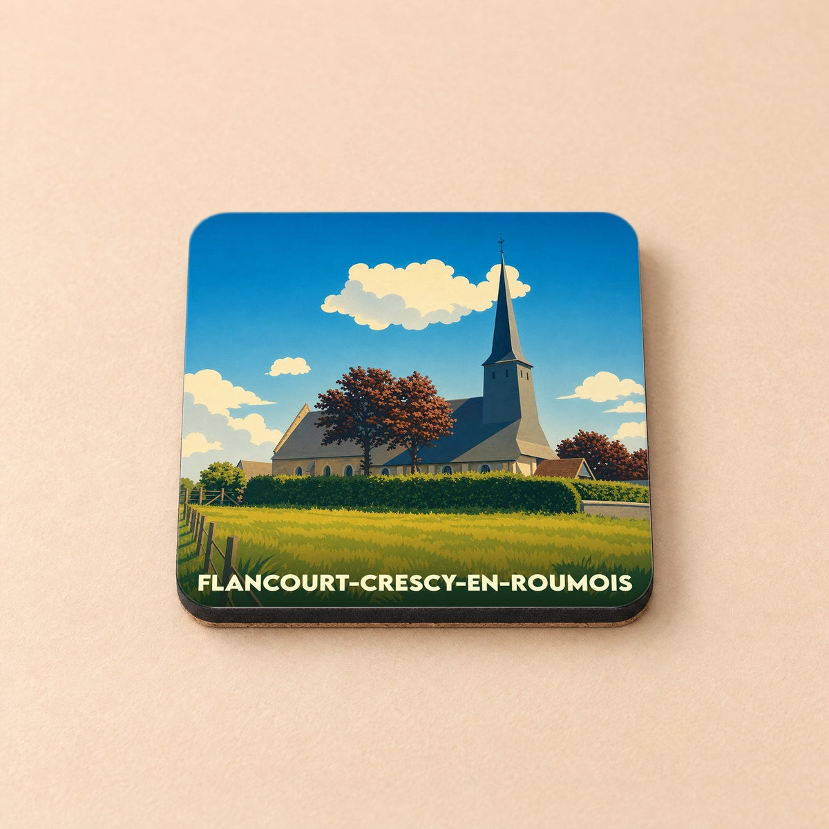 Dessous de verre souvenir de la ville de Flancourt-Crescy-en-Roumois avec une illustration stylisée d'une église de campagne.