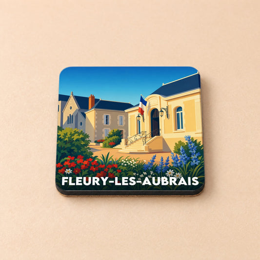 Dessous de verre souvenir de la ville de Fleury-les-Aubrais avec une illustration stylisée d'un bâtiment officiel et de fleurs colorées.