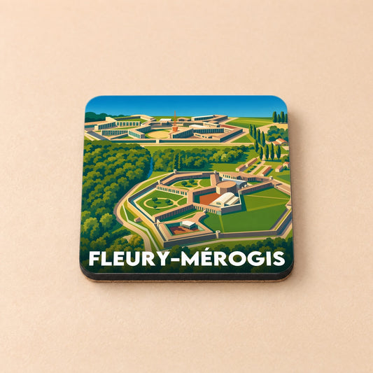 Dessous de verre souvenir de la ville de Fleury-Mérogis avec une illustration stylisée de son architecture vue du ciel.