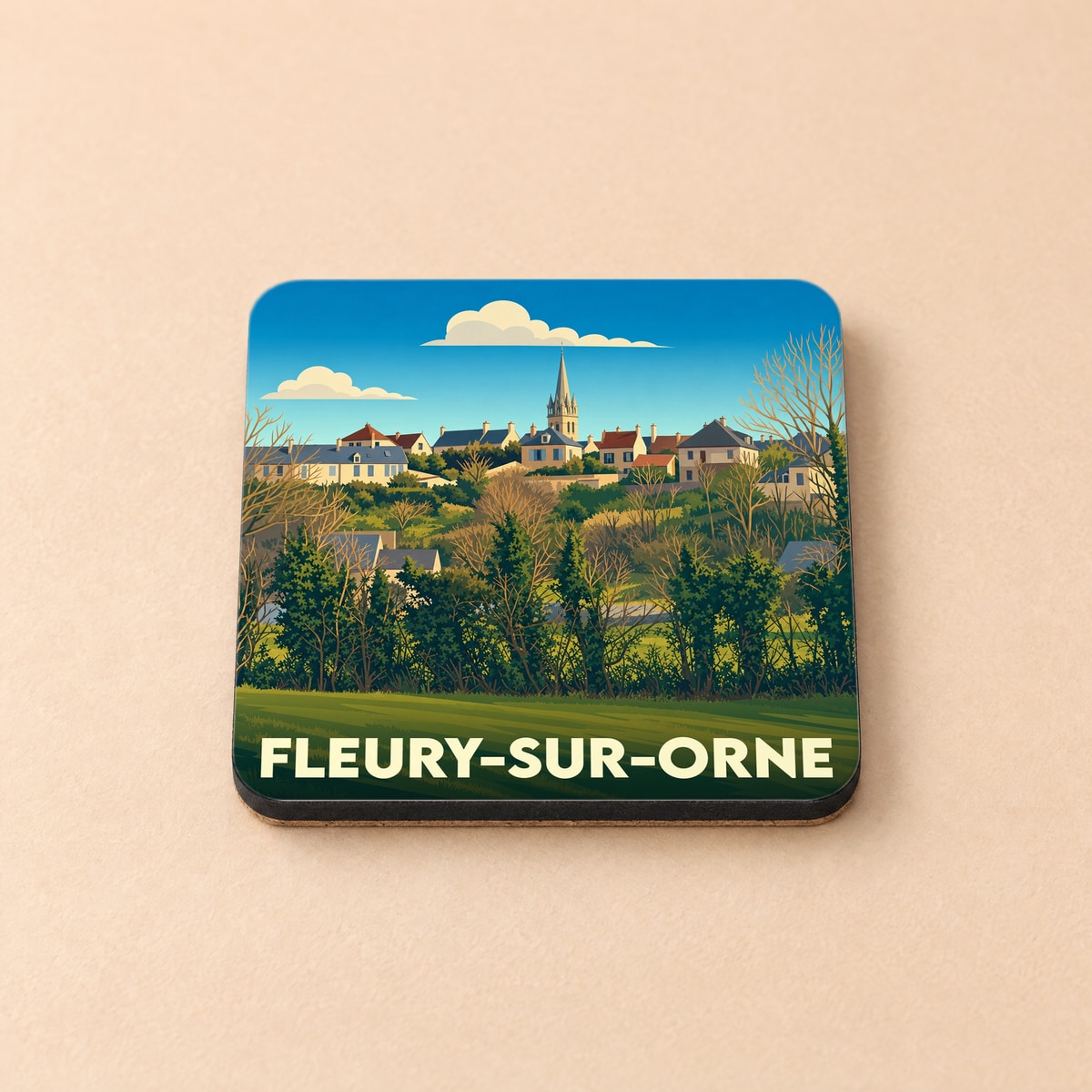Dessous de verre souvenir de la ville de Fleury-sur-Orne avec une illustration stylisée.