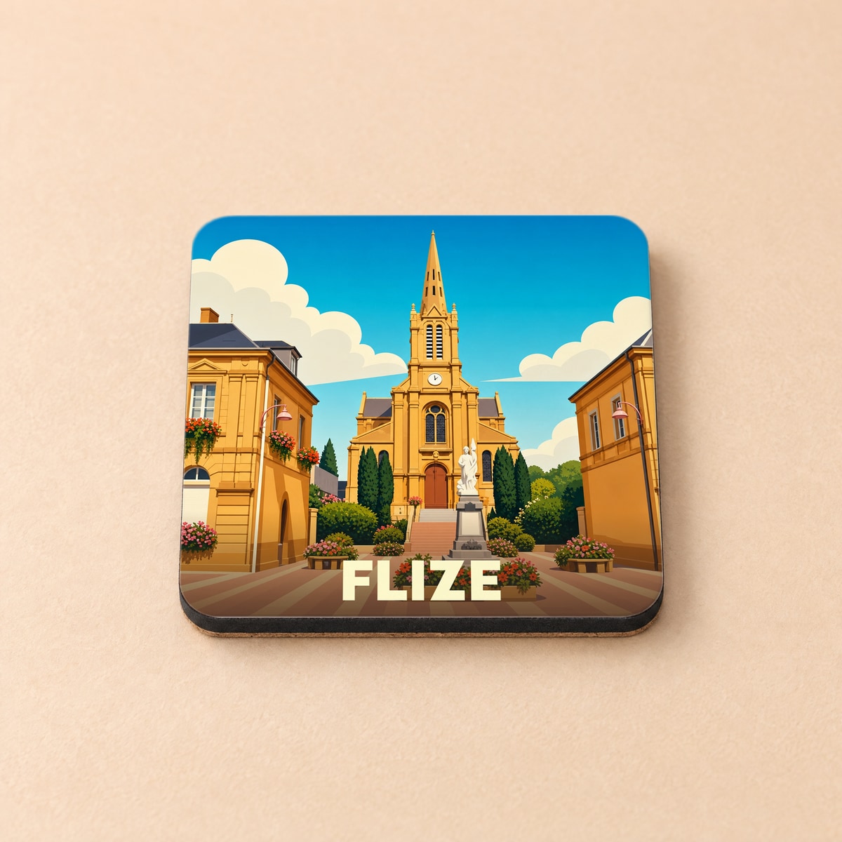 Dessous de verre souvenir de la ville de Flize avec une illustration stylisée de son église et de sa place.