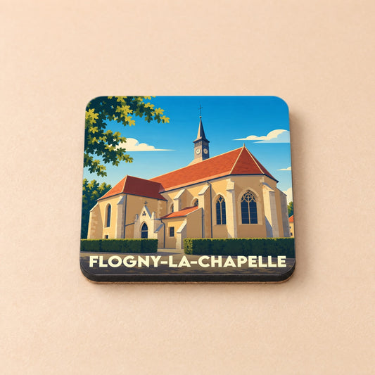 Dessous de verre souvenir de la ville de Flogny-la-Chapelle avec une illustration stylisée de son église.