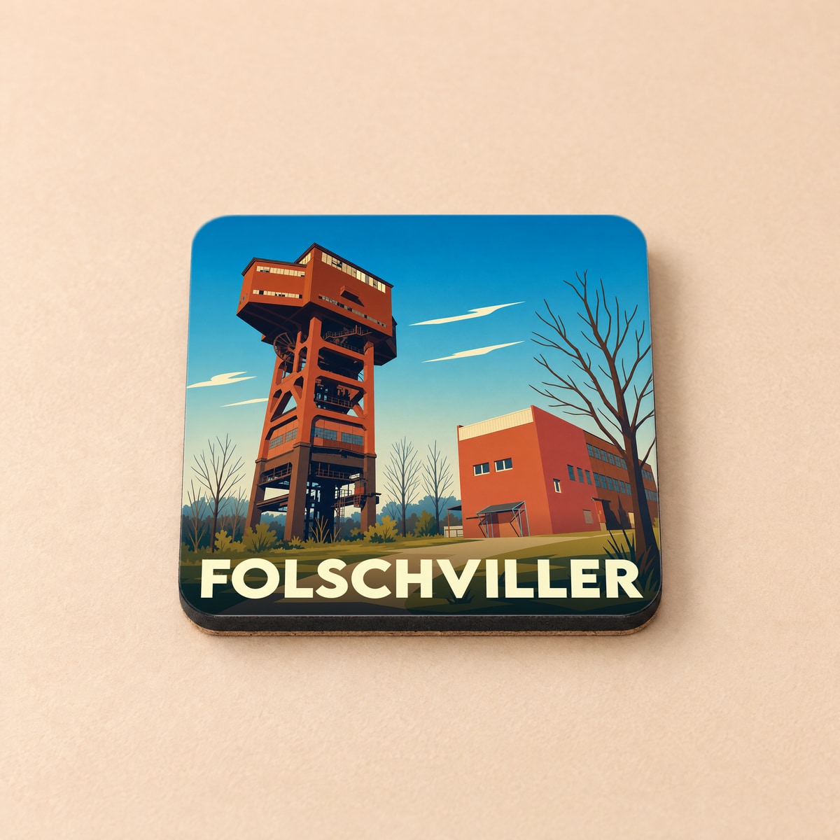 Dessous de verre souvenir de la ville de Folschviller illustrant un ancien chevalement de mine dans un style graphique épuré.