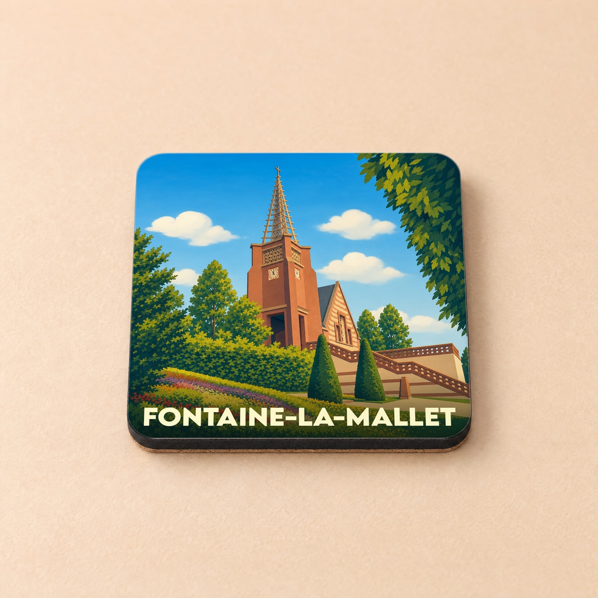 Dessous de verre souvenir de la ville de Fontaine-la-Mallet avec une illustration stylisée de son église.