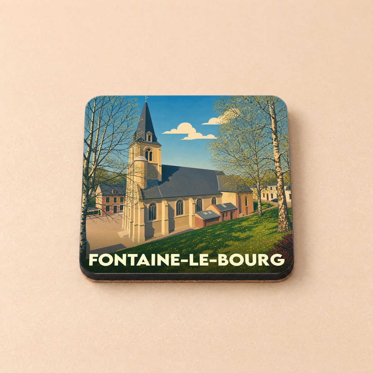 Dessous de verre souvenir de la ville de Fontaine-le-Bourg illustré d'une église sous un ciel bleu.