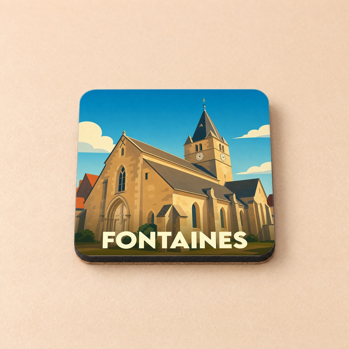 Dessous de verre souvenir de la ville de Fontaines illustrant son église dans un style graphique épuré.