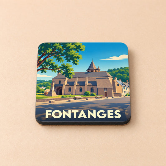 Dessous de verre souvenir de la ville de Fontanges avec une illustration stylisée de son église.