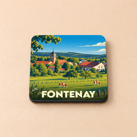 Dessous de verre souvenir de Fontenay avec une illustration bucolique stylisée de la commune.