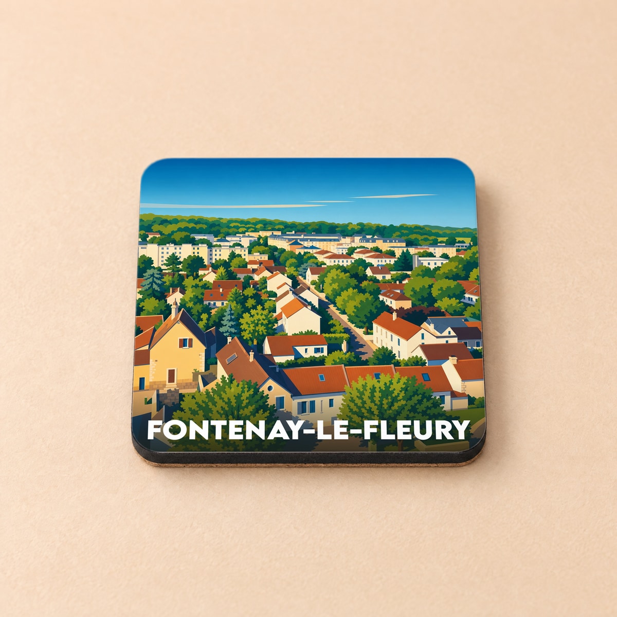 Dessous de verre souvenir de la ville de Fontenay-le-Fleury avec une illustration stylisée et colorée de ses habitations.