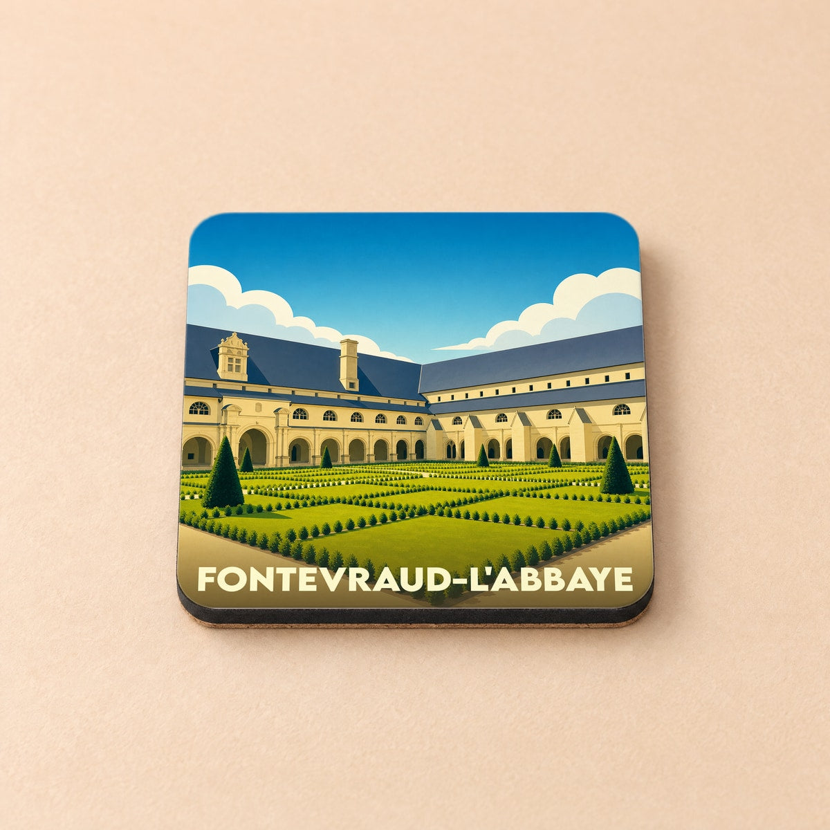 Dessous de verre souvenir de la ville de Fontevraud-l'Abbaye avec une illustration stylisée de son abbaye et de ses jardins.