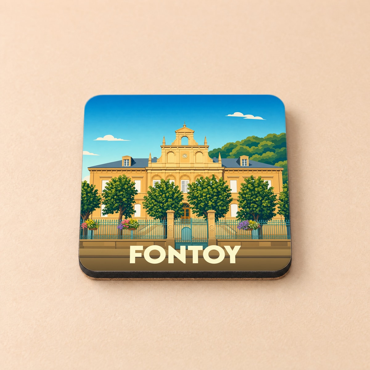 Dessous de verre souvenir de la ville de Fontoy avec une illustration stylisée de l'hôtel de ville.