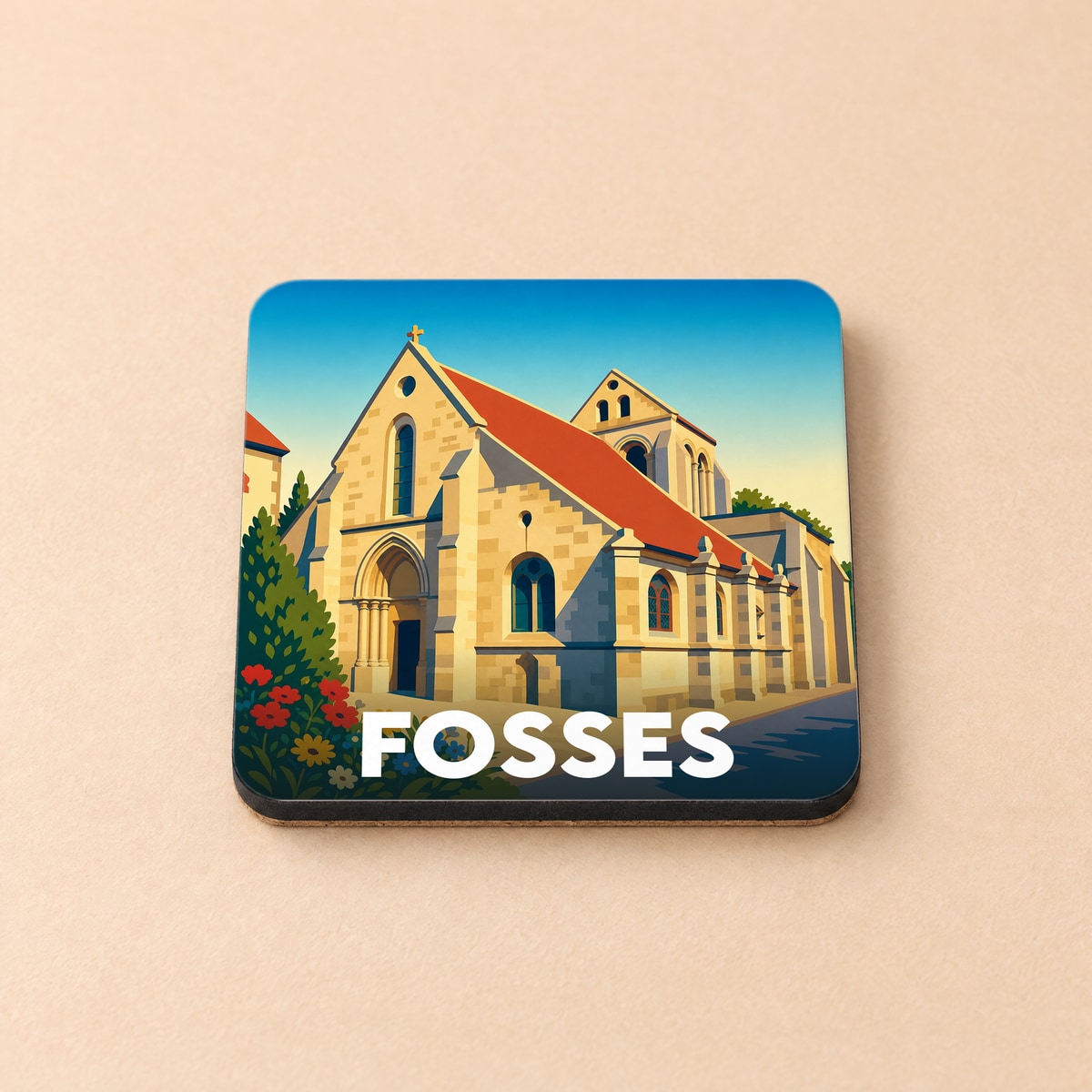 Dessous de verre souvenir de la ville de Fosses avec une illustration stylisée d'une église ensoleillée.