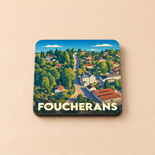 Dessous de verre souvenir de la ville de Foucherans avec une illustration stylisée d'un paysage urbain verdoyant.