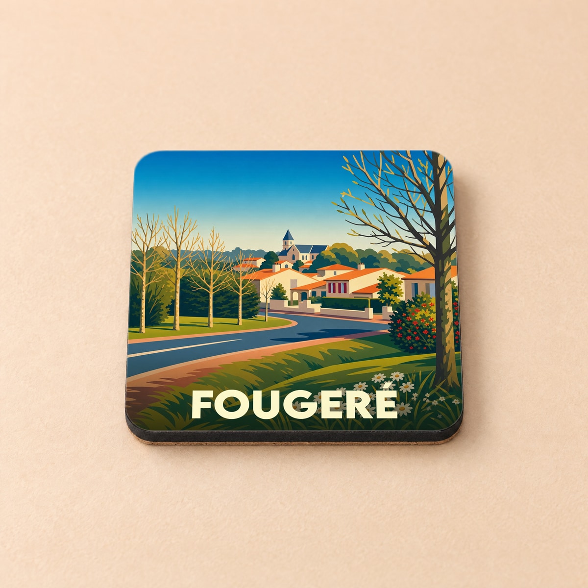 Dessous de verre souvenir de la ville de Fougeré avec une illustration stylisée d'un paysage de village français.