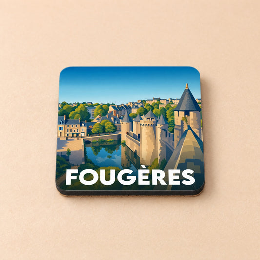 Dessous de verre souvenir de la ville de Fougères avec une illustration stylisée de son château médiéval.