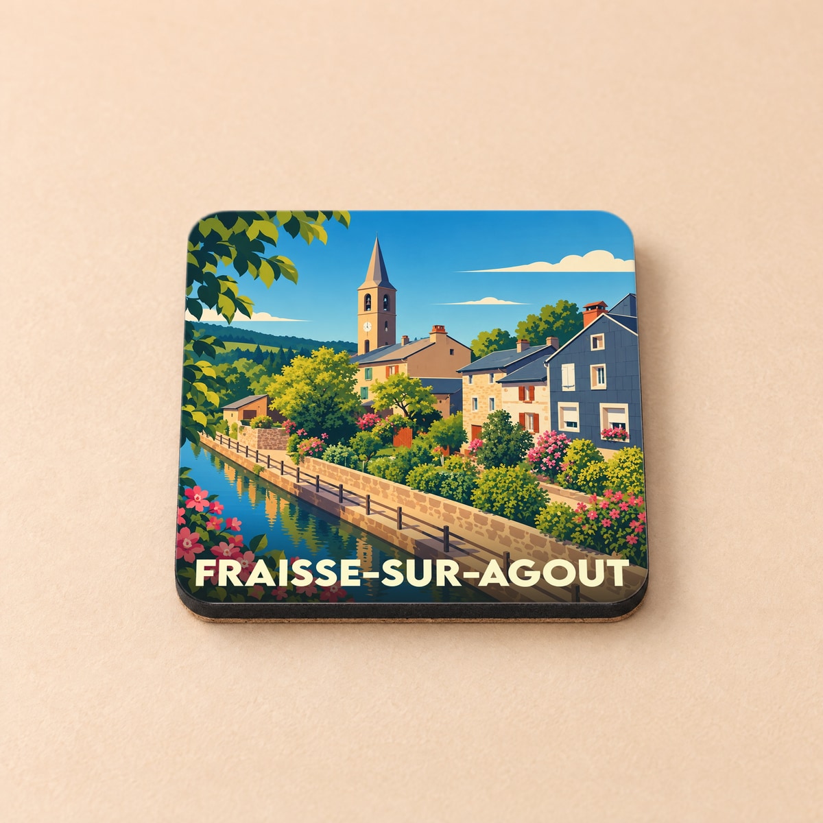 Dessous de verre souvenir de la ville de Fraisse-sur-Agout avec une illustration stylisée d'un village en bord de rivière.