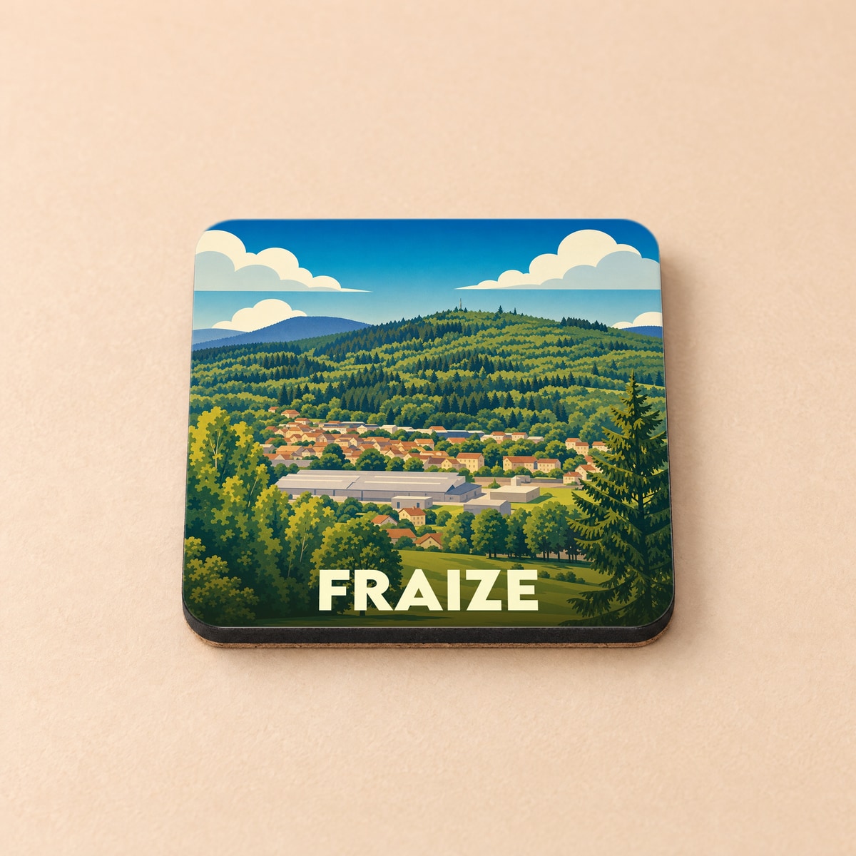 Dessous de verre souvenir de la ville de Fraize avec une illustration stylisée de son paysage montagneux.
