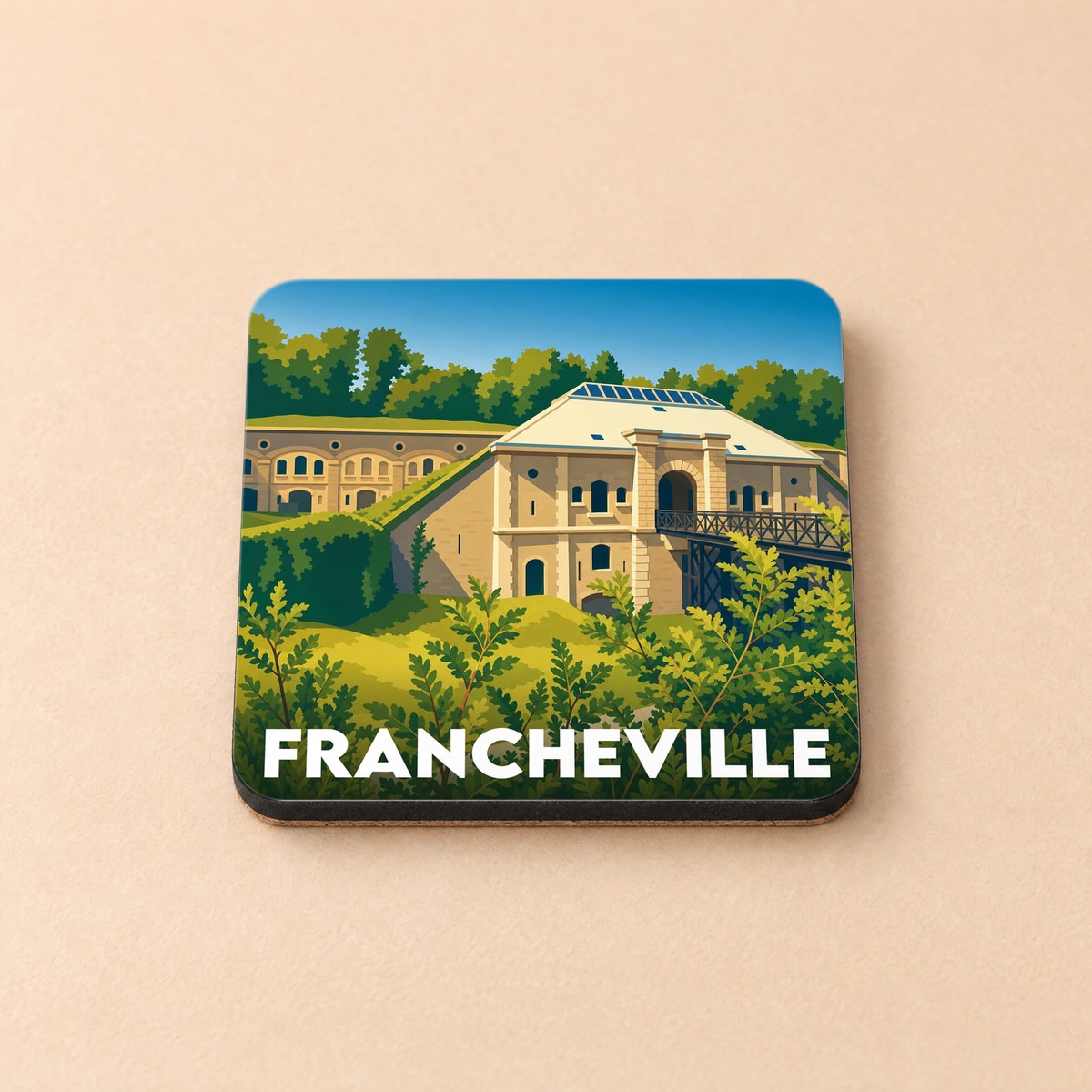 Dessous de verre souvenir de la ville de Francheville avec une illustration stylisée de son fort.