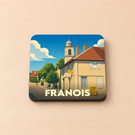 Dessous de verre souvenir de la ville de Franois avec une illustration stylisée d'une rue ensoleillée.