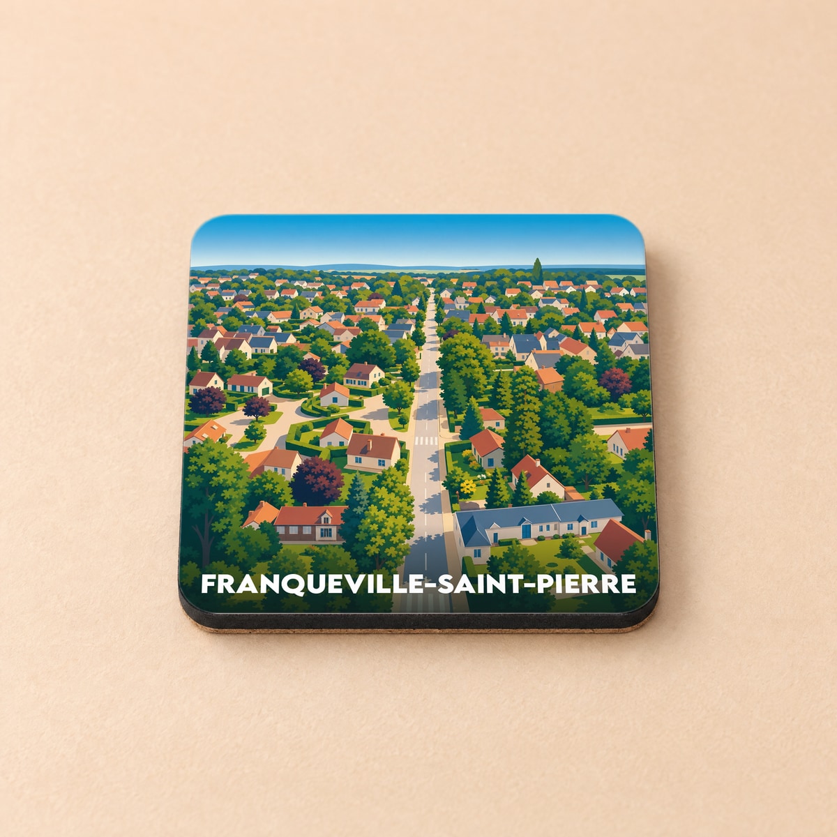 Dessous de verre souvenir de la ville de Franqueville-Saint-Pierre avec une illustration stylisée d'un quartier résidentiel verdoyant.