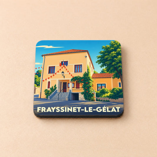 Dessous de verre souvenir de la ville de Frayssinet-le-Gélat avec une illustration stylisée de la mairie.